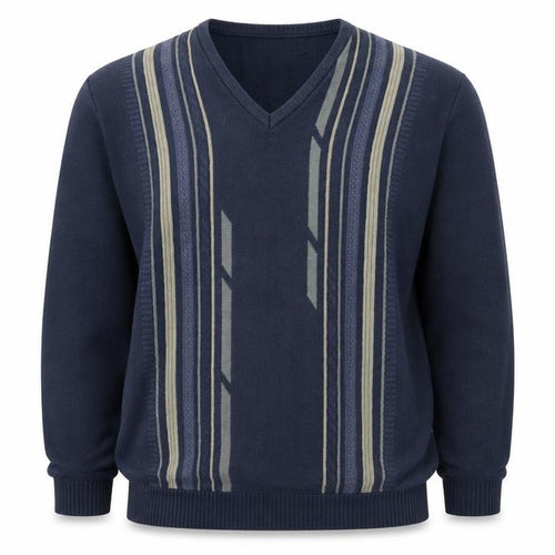 Simon Taylor Mens Blue V-Neck Striped Cotton Pullover Jumper Size L 3/4 Sleeve