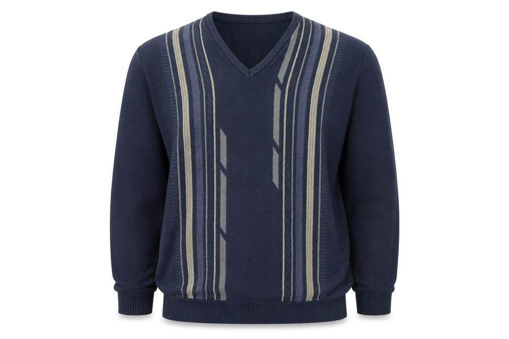 Simon Taylor Mens Blue V-Neck Striped Cotton Pullover Jumper Size L 3/4 Sleeve