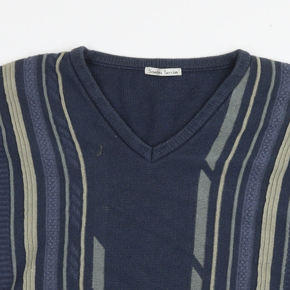 Simon Taylor Mens Blue V-Neck Striped Cotton Pullover Jumper Size L 3/4 Sleeve