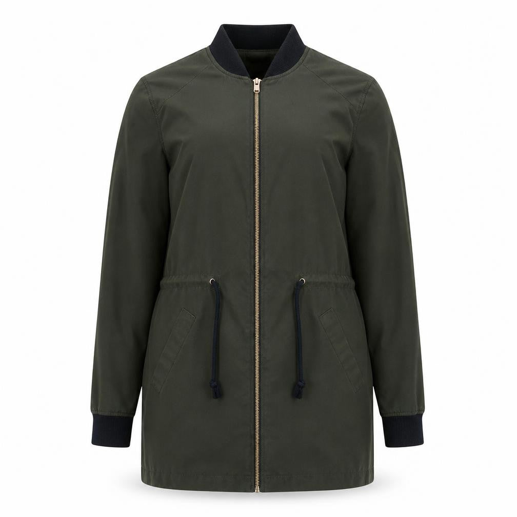 Front view of H&M women’s green parka jacket, size UK 8, zip