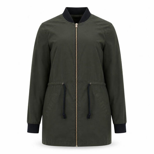 Front view of H&M women’s green parka jacket, size UK 8, zip