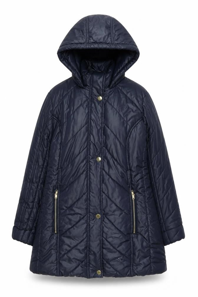 Front view of Marks & Spencer women’s blue quilted jacket, size L, zip