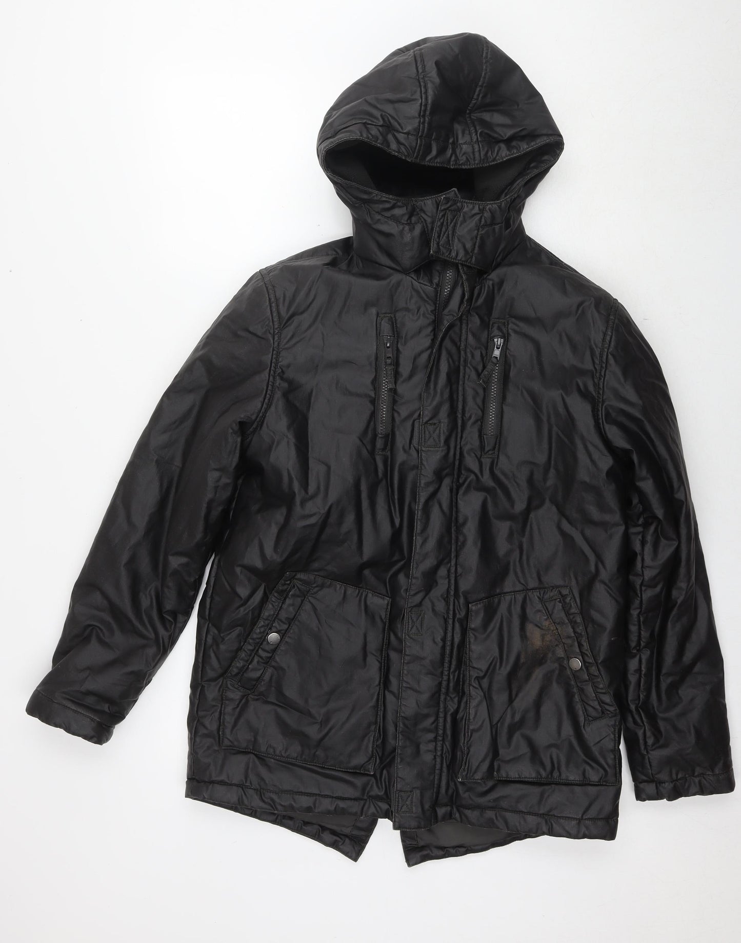 Marks and Spencer Boys Black Parka Coat Size 13-14 Years Zip - Detachable Fleece