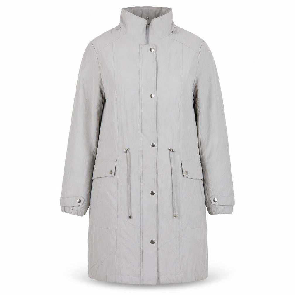 Front view of Bonmarché women’s grey overcoat coat, size UK 14, zip