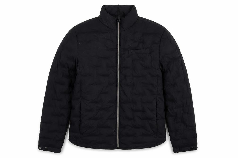 Front view of Autograph men’s black puffer jacket coat, size L, zip