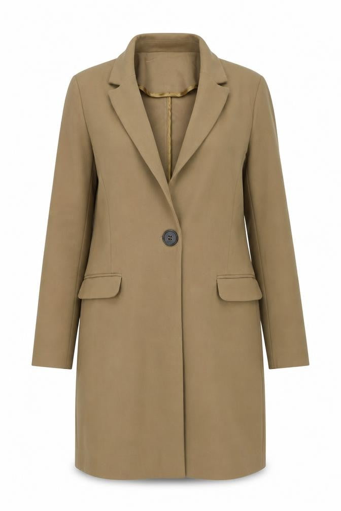 Front view of ASOS women’s brown overcoat coat, size UK 12, button