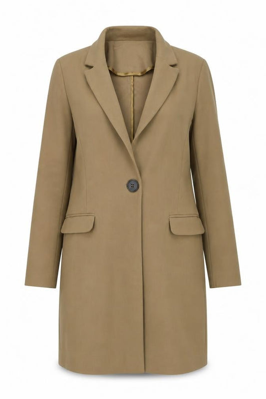 Front view of ASOS women’s brown overcoat coat, size UK 12, button