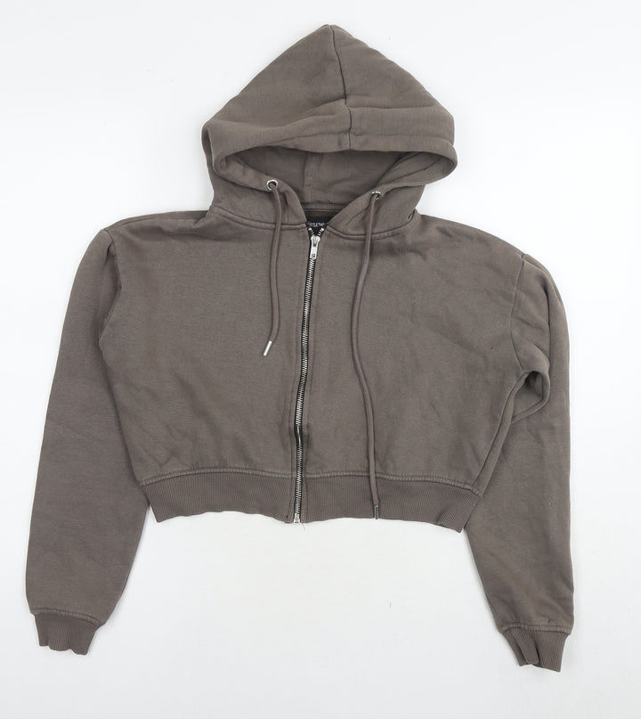 PRETTYLITTLETHING Womens Brown Cotton Full Zip Hoodie Size S Zip