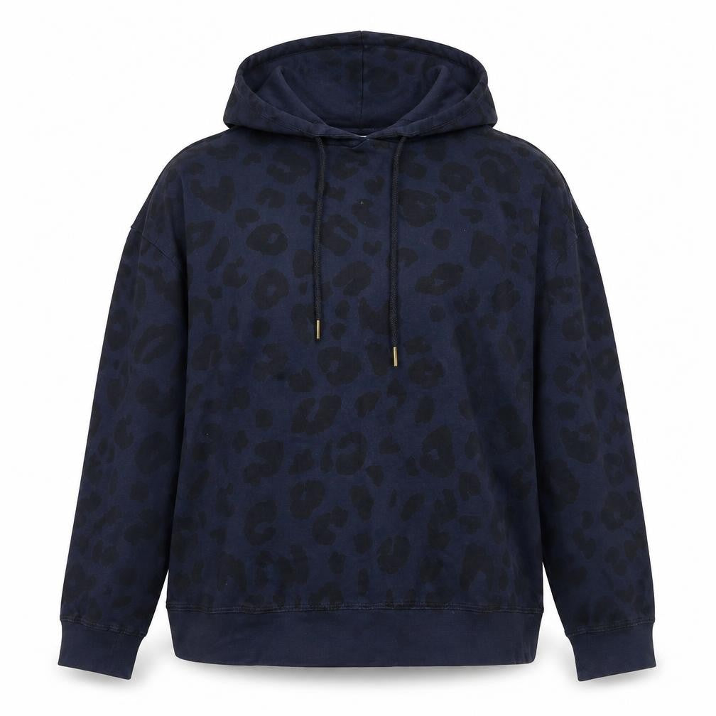 Front view of John Lewis women’s blue animal print cotton pullover sweatshirt, size M, pullover - leopard print