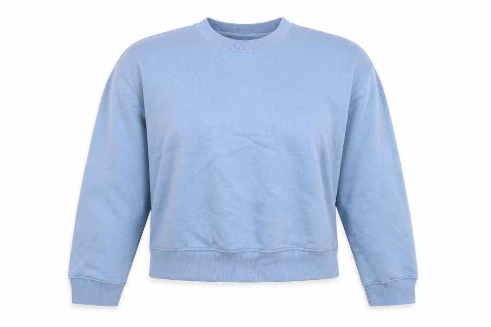 Front view of New Look women’s blue cotton pullover sweatshirt, size M, pullover