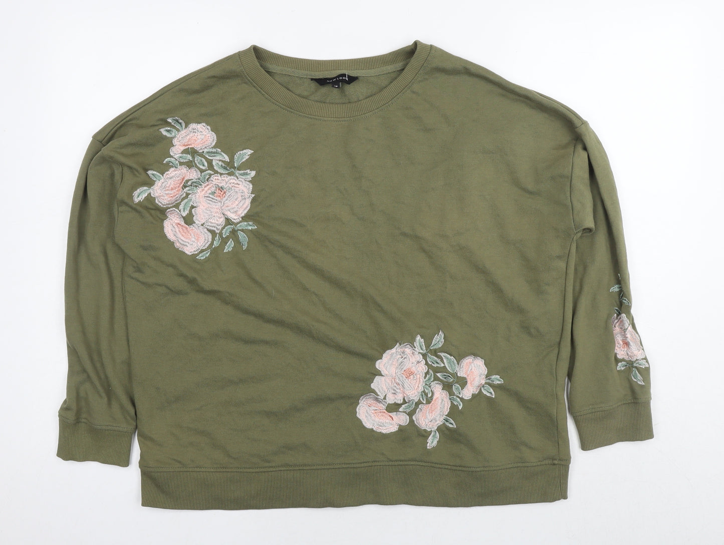 New Look Womens Green Cotton Pullover Sweatshirt Size 18 Pullover - Embraided Flowers