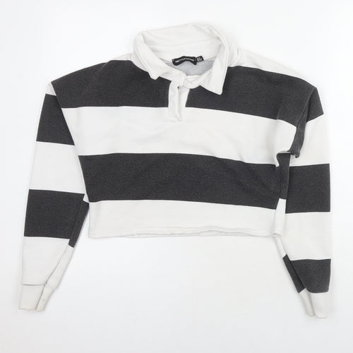 PRETTYLITTLETHING Womens White Striped Cotton Pullover Sweatshirt Size 8 Pullover - Cropped