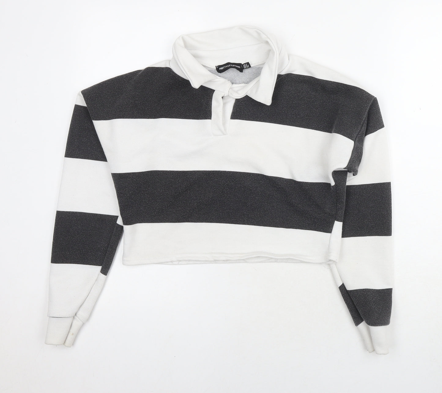 PRETTYLITTLETHING Womens White Striped Cotton Pullover Sweatshirt Size 8 Pullover - Cropped