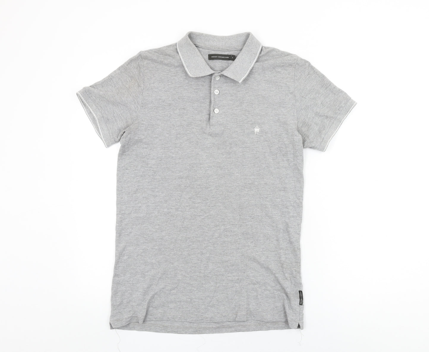 French Connection Mens Grey Cotton Polo Size S Collared Button