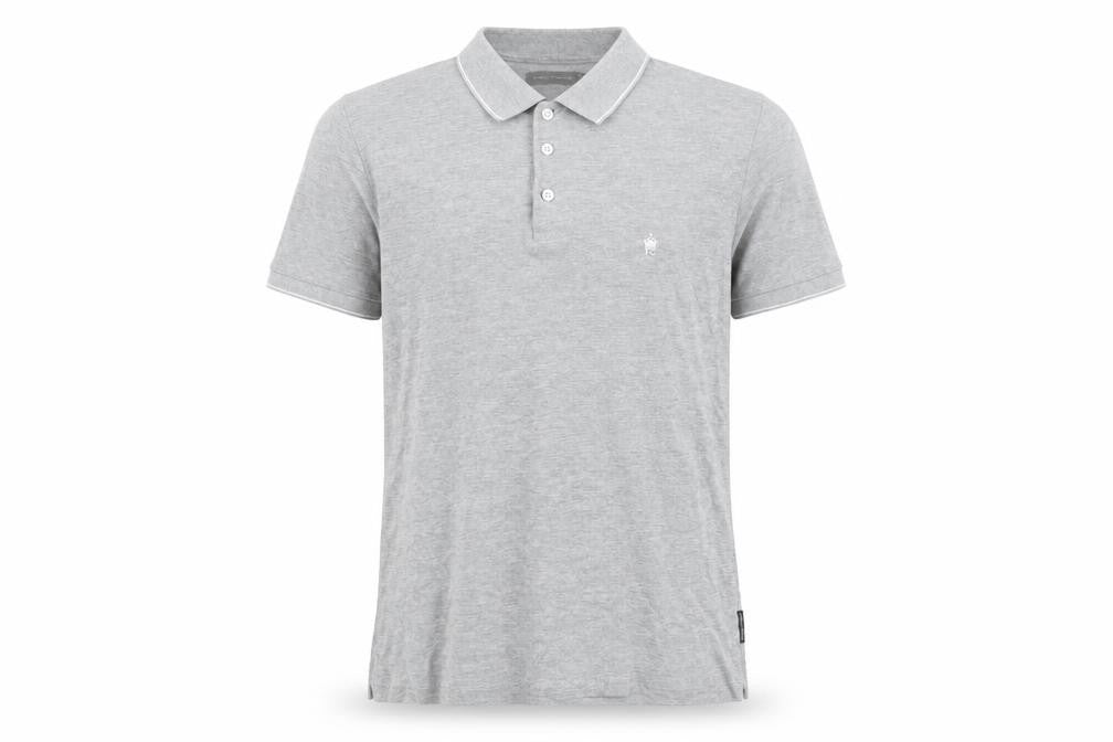 Front view of French Connection men’s grey cotton polo, size S, collared button