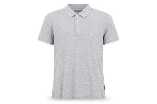 Front view of French Connection men’s grey cotton polo, size S, collared button