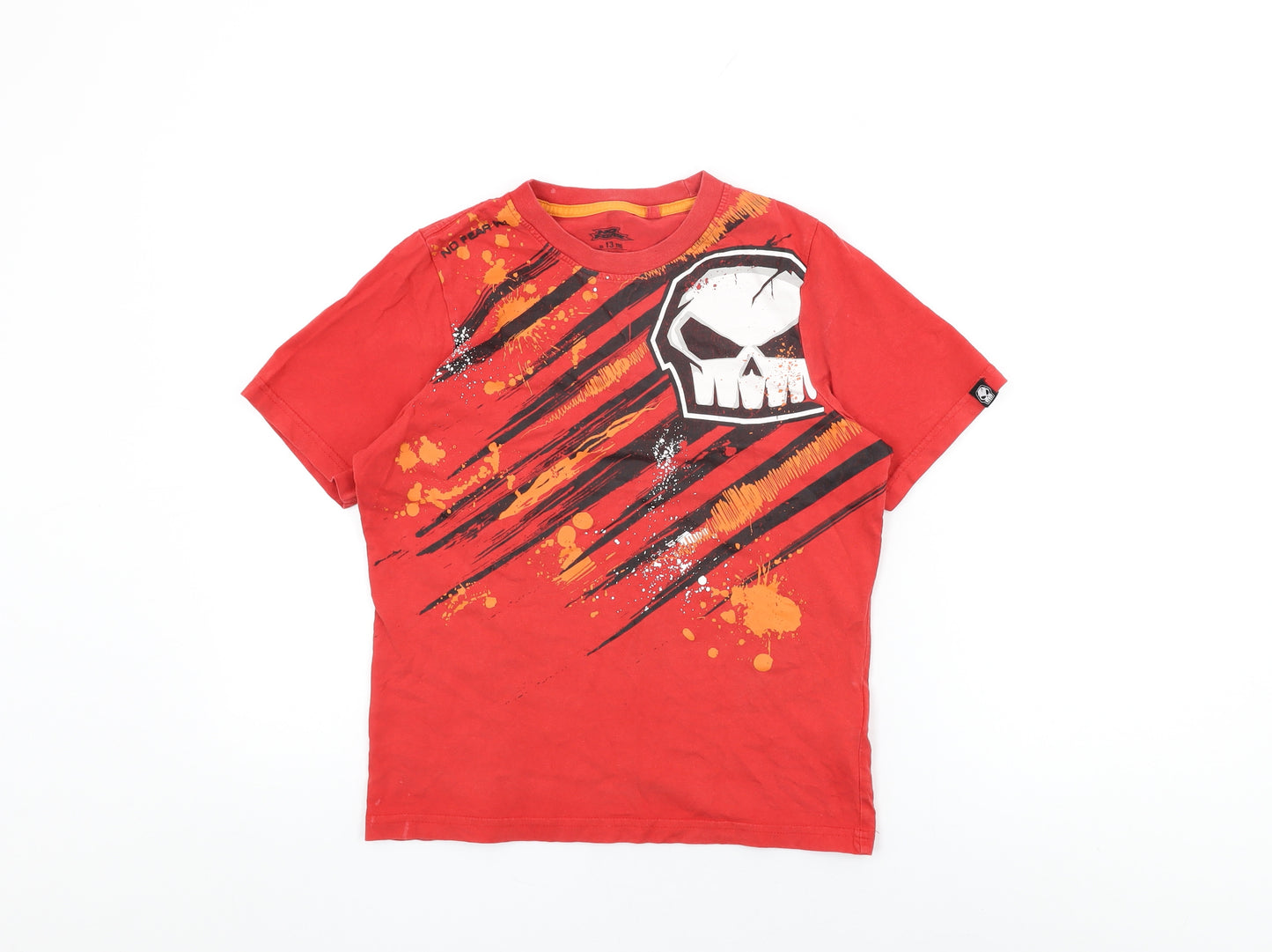 No Fear Boys Red Cotton Basic T-Shirt Size 13 Years Round Neck Pullover - Skull Print