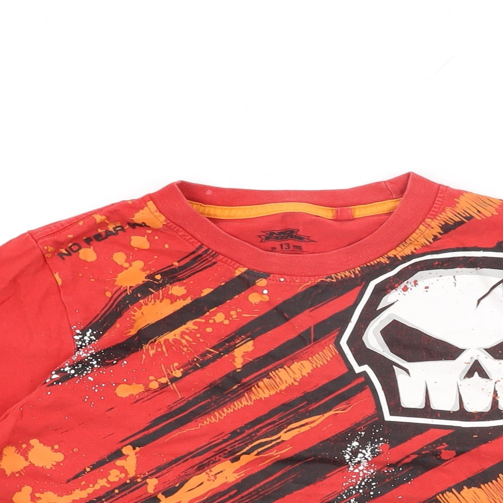 No Fear Boys Red Cotton Basic T-Shirt Size 13 Years Round Neck Pullover - Skull Print