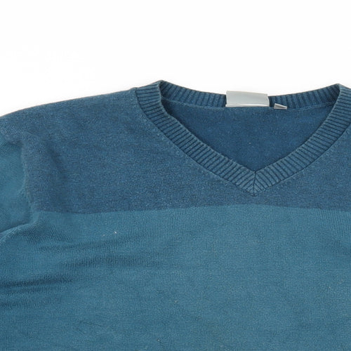 adidas Mens Blue V-Neck Cotton Pullover Jumper Size M Long Sleeve