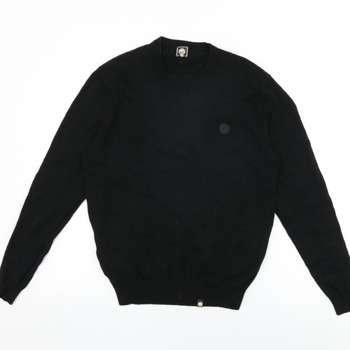 Pretty Green Mens Black Round Neck Wool Pullover Jumper Size L Long Sleeve