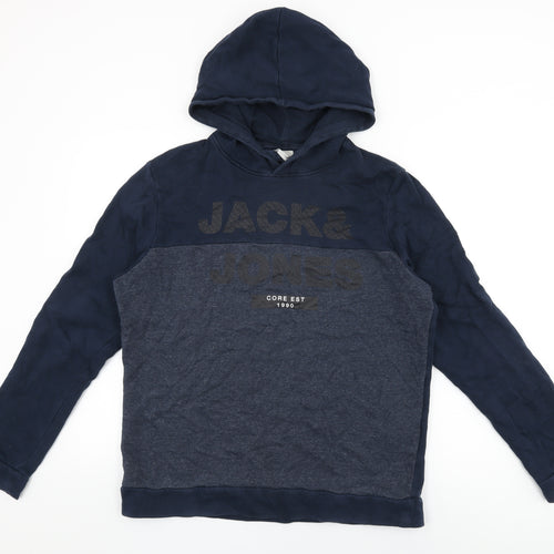 JACK & JONES Mens Blue Cotton Pullover Hoodie Size M - Jack & Jones Logo