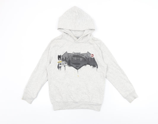 Front view of Batman boys’ grey cotton pullover hoodie, size 9-10, years pullover - the dark knight