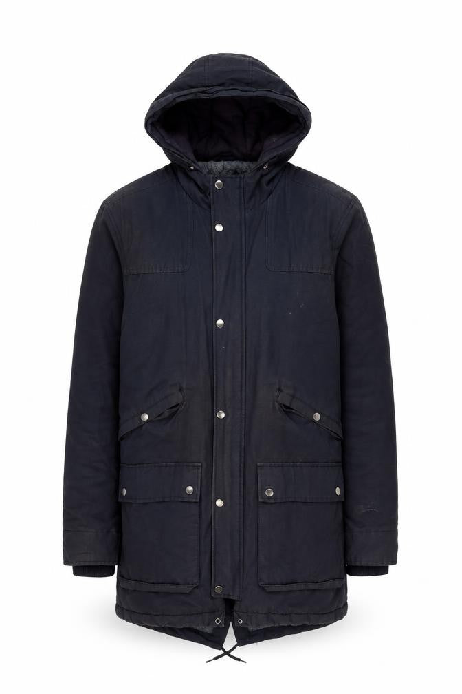 Front view of Topman men’s blue overcoat coat, size M, zip