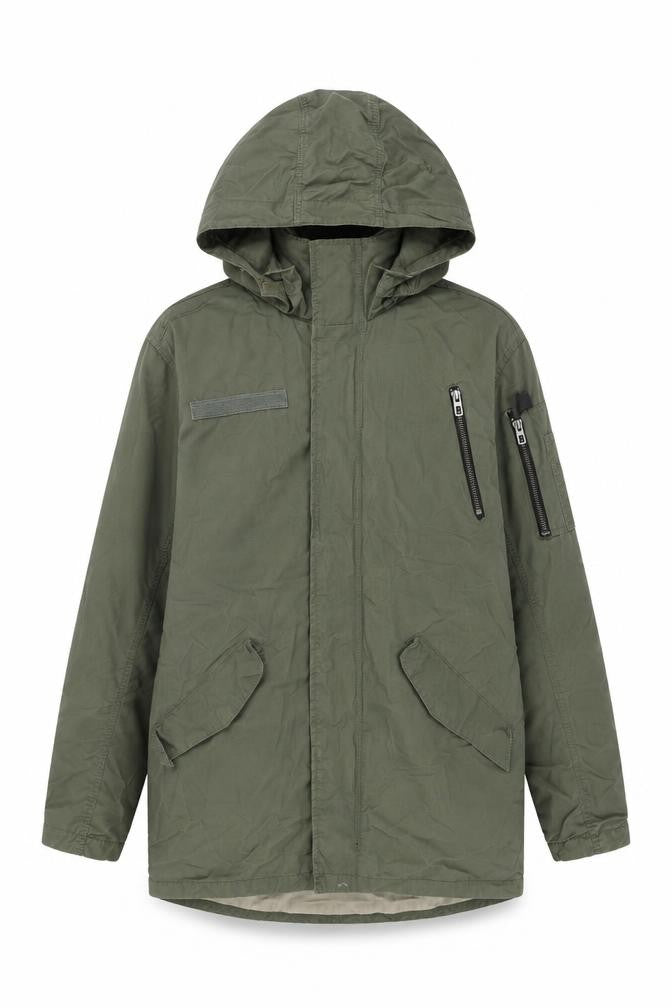 Front view of H&M boys’ green overcoat coat, size 13, years zip