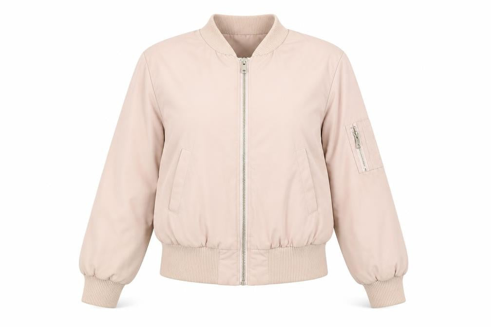 Front view of Miss Selfridge women’s pink bomber jacket coat, size UK 10, zip