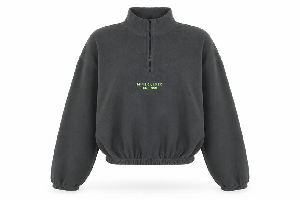 Front view of Missguided women’s grey polyester pullover sweatshirt, size UK 8, zip - missguided logo