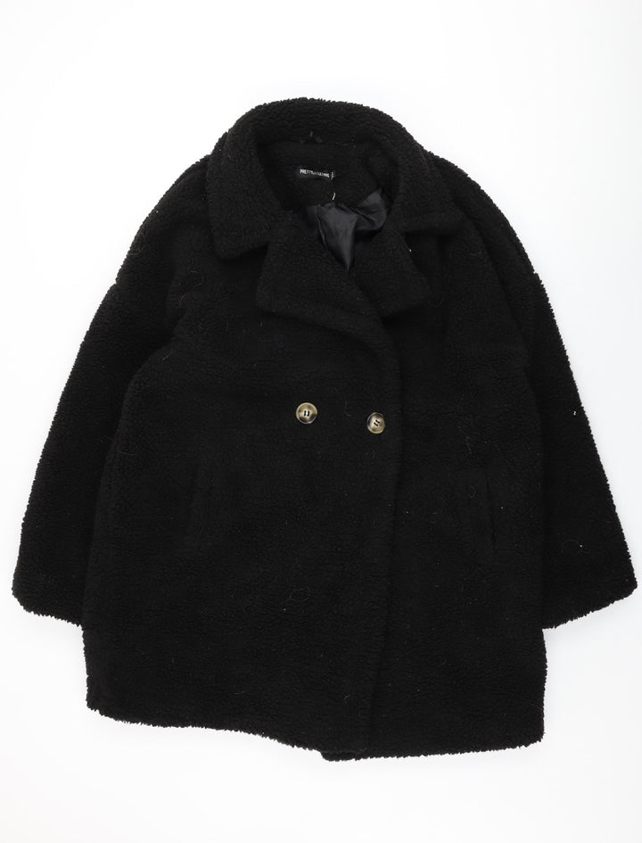 PRETTYLITTLETHING Womens Black Overcoat Coat Size 14 Button