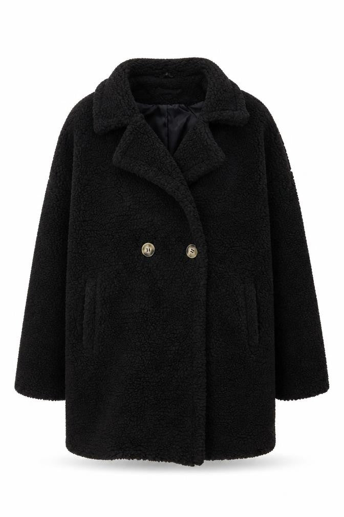 Front view of PRETTYLITTLETHING women’s black overcoat coat, size UK 14, button