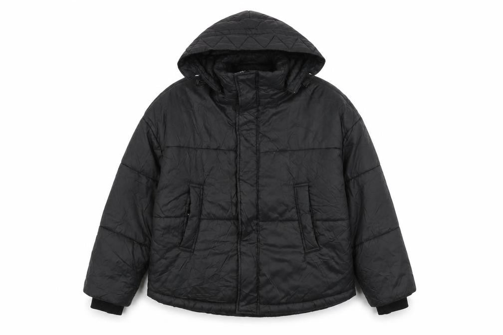 Front view of Boohoo women’s black puffer jacket coat, size UK 10, zip
