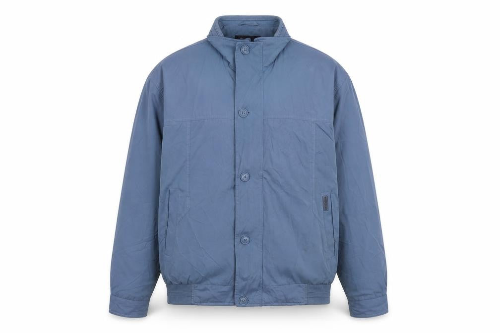 Front view of Bosideng men’s blue bomber jacket coat, size M, zip