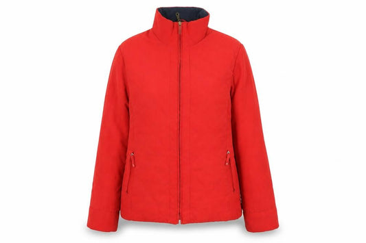 Front view of Klass women’s red jacket coat, size L, zip