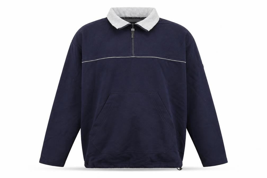 Front view of Mettle men’s blue cotton pullover sweatshirt, size XL