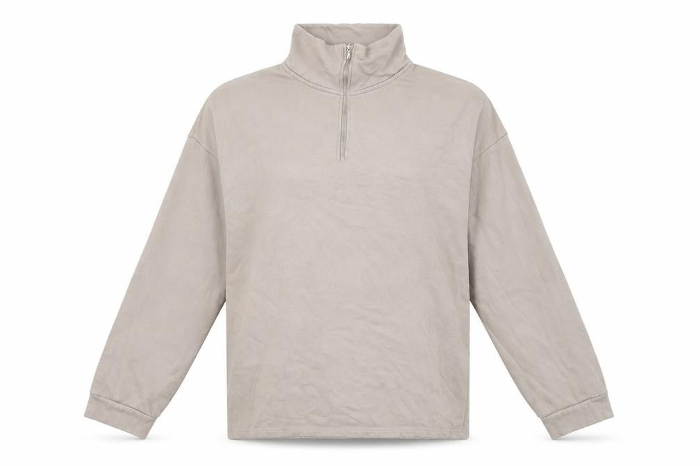 Front view of H&M women’s beige cotton pullover sweatshirt, size M, zip
