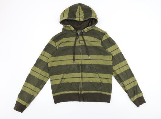 H&M Mens Green Striped Cotton Full Zip Hoodie Size S