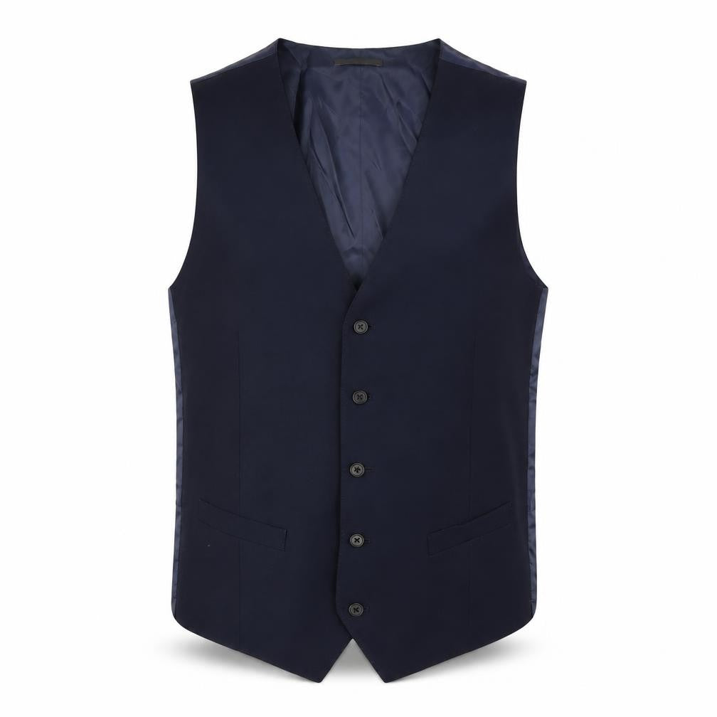 Front view of Marks & Spencer men’s blue polyester jacket suit waistcoat, size 38, regular