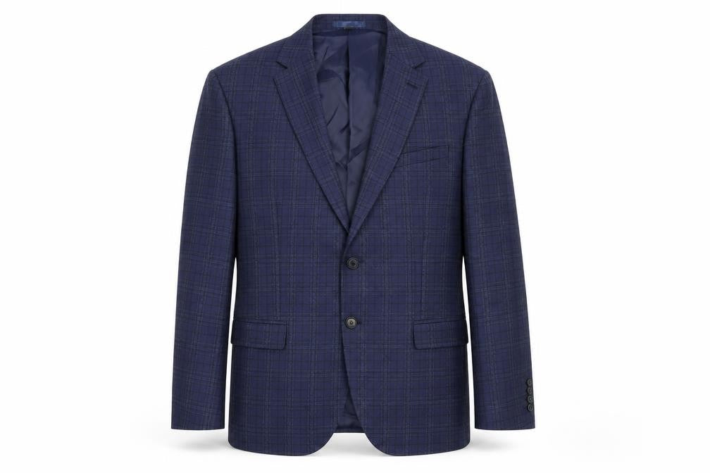 Front view of Marks & Spencer men’s blue plaid polyester jacket suit jacket, size 44, regular