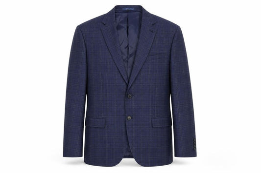 Front view of Marks & Spencer men’s blue plaid polyester jacket suit jacket, size 44, regular