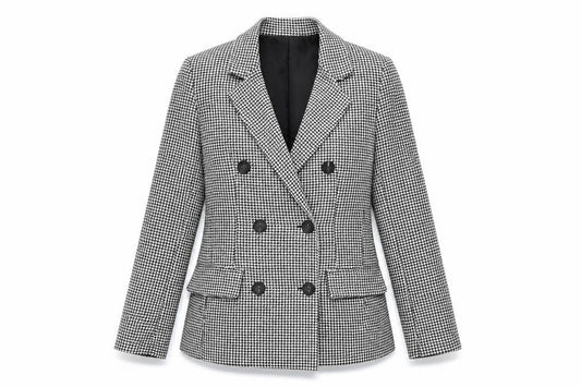 Front view of Adilynn women’s grey geometric jacket blazer, size M, button - houndstooth