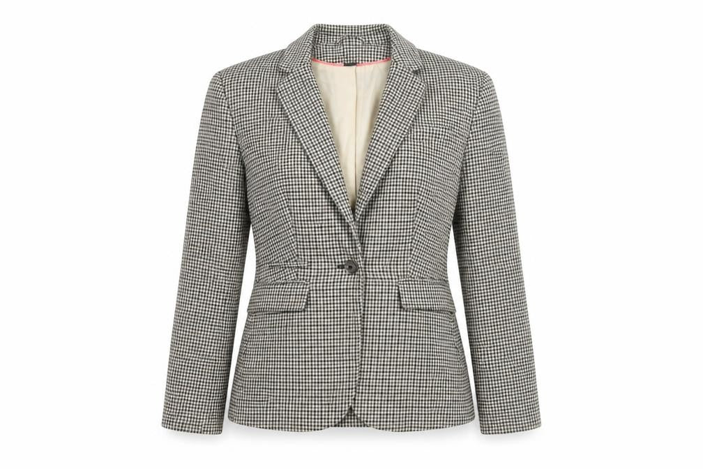 Front view of H&M women’s brown geometric jacket blazer, size UK 4, button