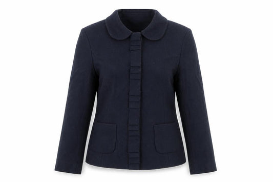 Front view of Dickins & Jones women’s blue jacket coat, size UK 12, snap