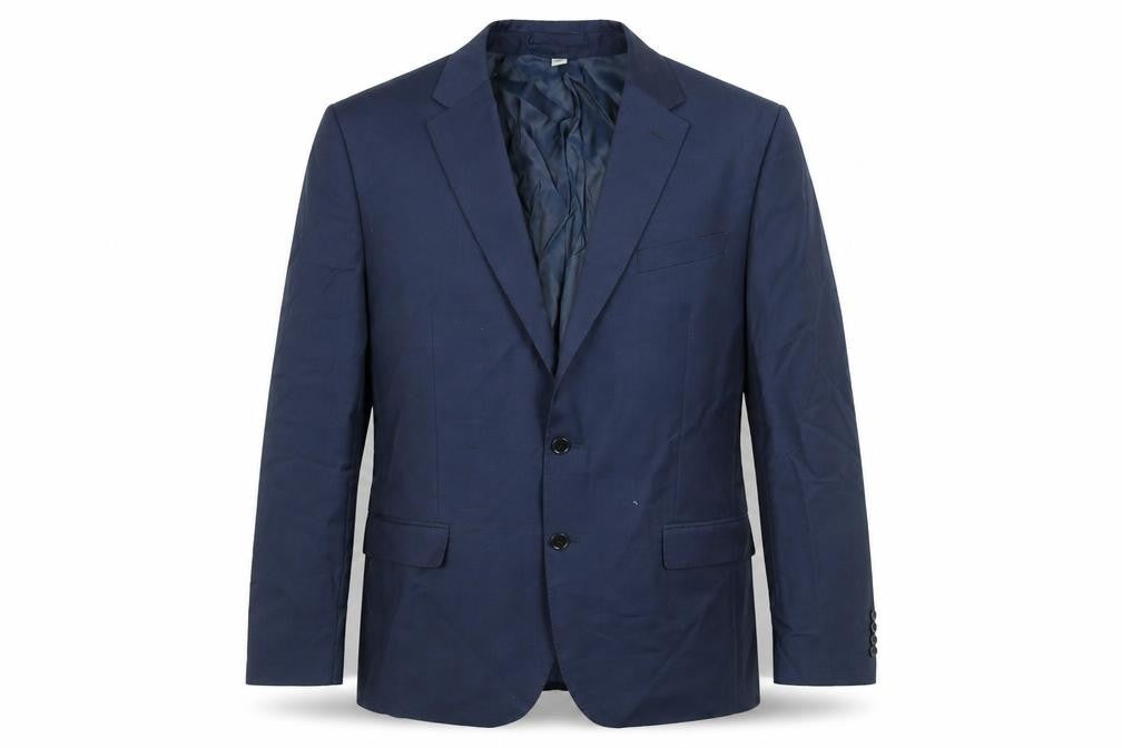 Front view of Marks & Spencer men’s blue wool jacket suit jacket, size 44, regular