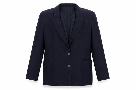 Front view of St Michael women’s blue jacket blazer, size UK 14, button