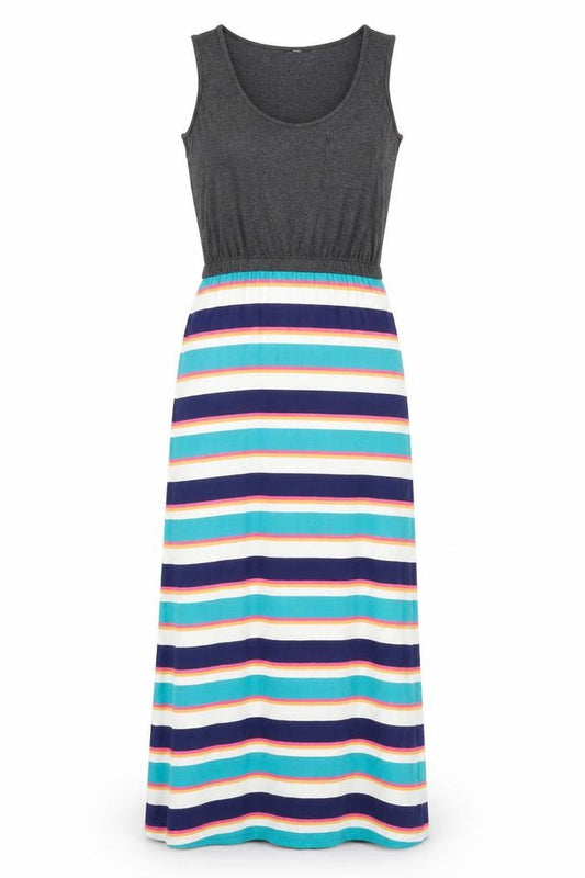 Front view of Next women’s multicoloured striped viscose maxi, size UK 8, round neck pullover