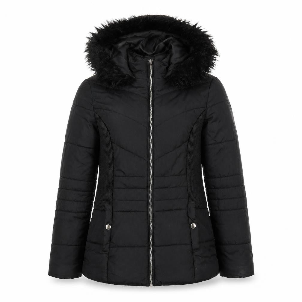 Front view of Very women’s black puffer jacket coat, size UK 10, zip