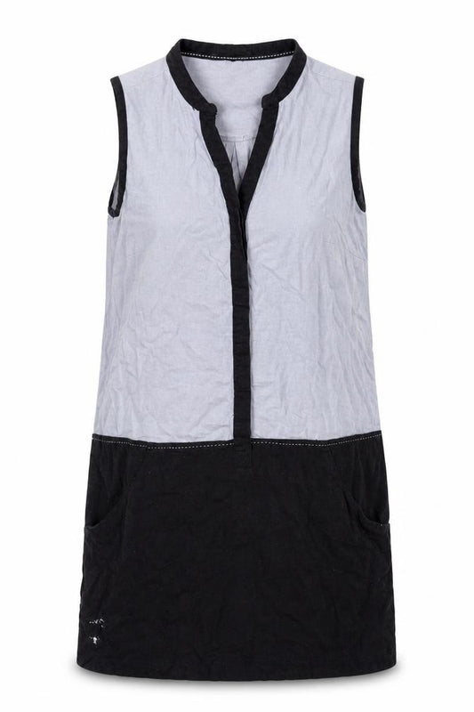 Front view of Next women’s blue linen tank dress, size UK 10, v-neck button