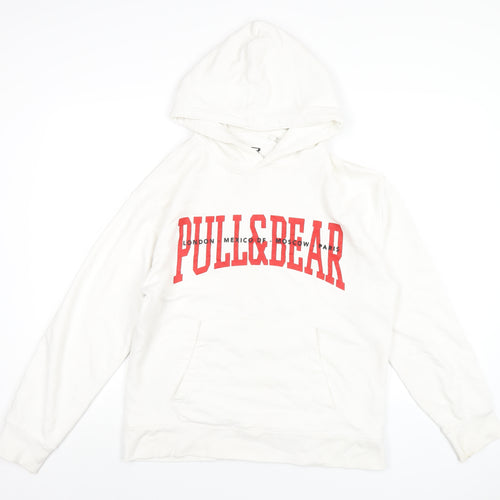 Pull&Bear Mens White Cotton Pullover Hoodie Size S